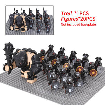 Medieval Battle Scene Building Blocks Beige Giant Troll Beast-Drawn Chariot 10 Warrior Bricks Figures MOC Collectible Model Toy