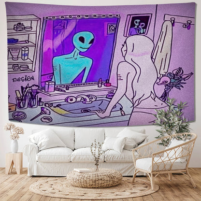 VIKAMA Halloween Tapestry Trendy Alien Girl Decorative Wall Hanging Living Room Bedroom Home Decor Room Accent Party Decoration