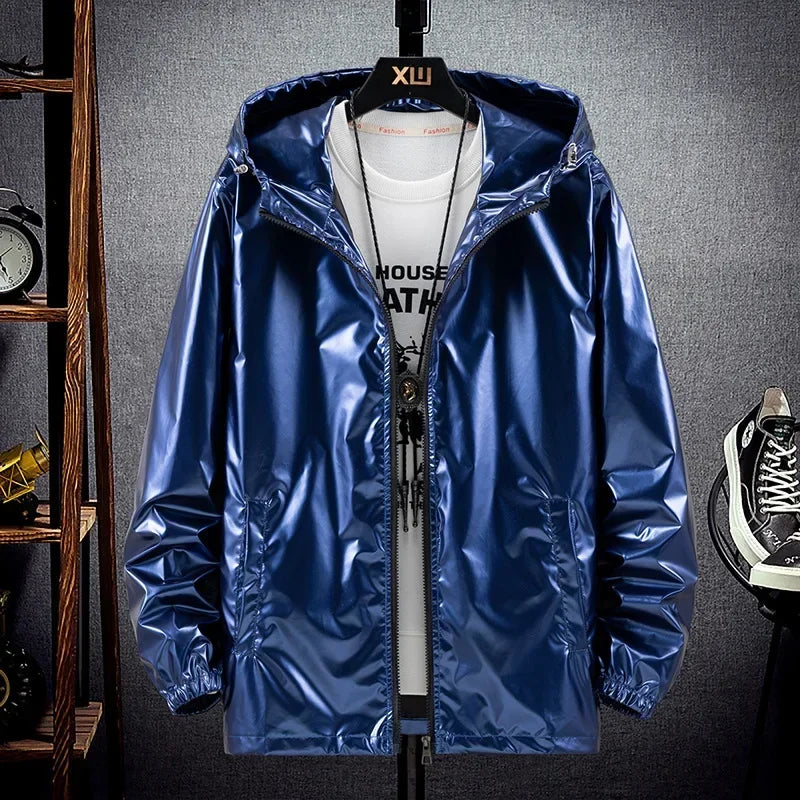 KIDWHXR Autumn Bright Surface Hooded Jackets Man Long Sleeve Zipper Male Coat Windproof Outdoor Sport Casual Men Outerwear