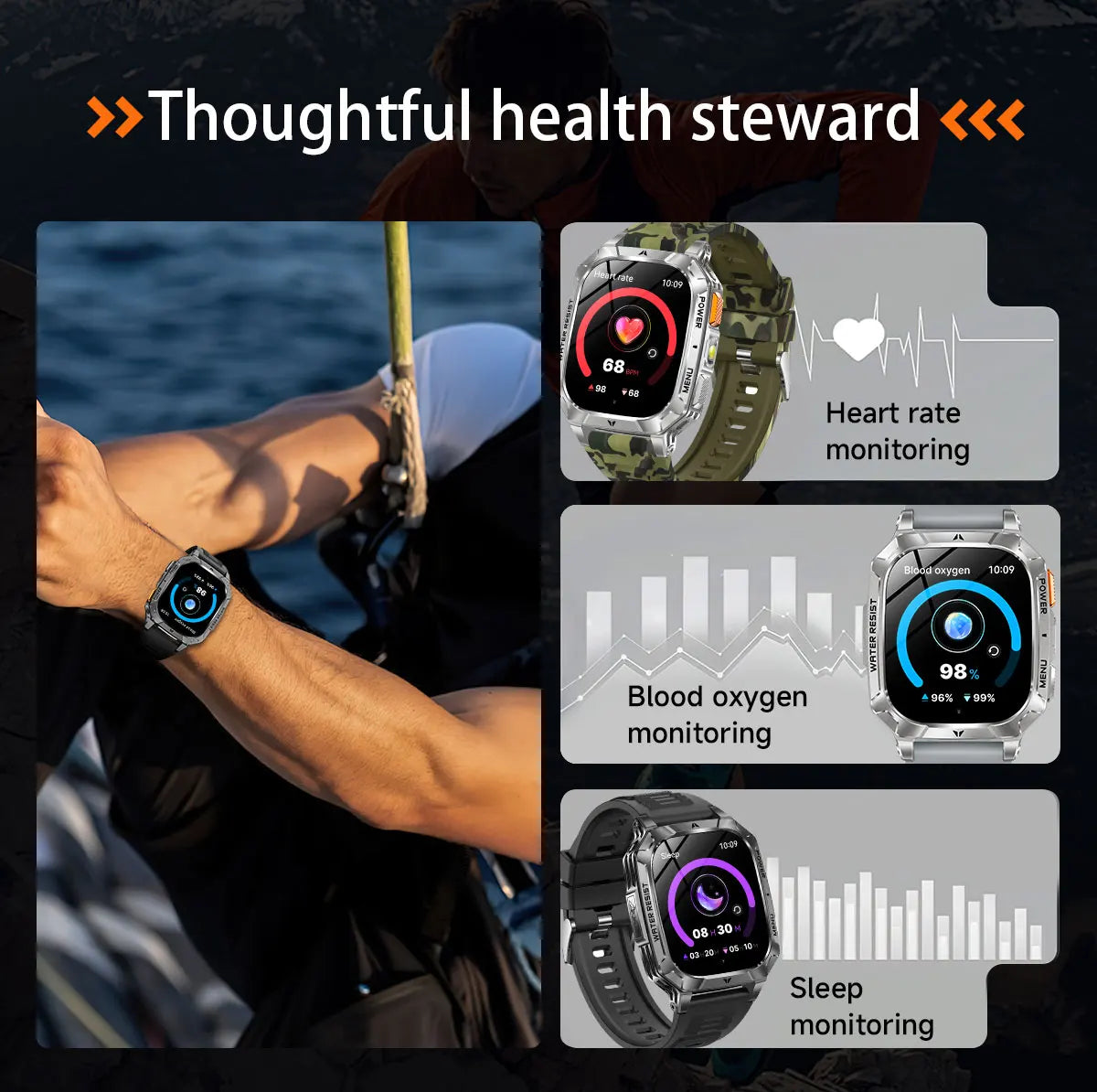 New Rugged Military Smart Watch Men 1400 mAh battery 2.01inch Bluetooth Call Health monitoring device LED flashlight Smart watch