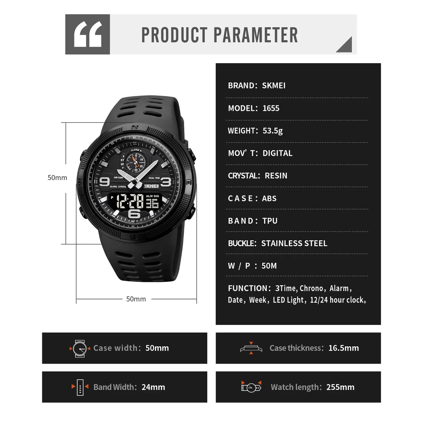 SKMEI  Outdoor Sports Men's Electronic 1655 Watch Dual Display Multi functional Waterproof Student Exploration Watch