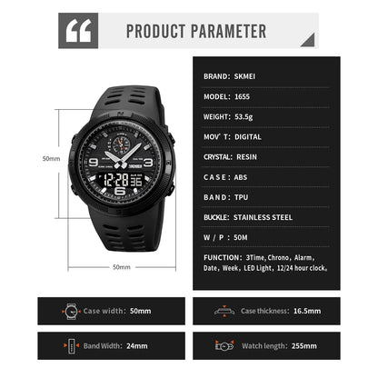 SKMEI  Outdoor Sports Men's Electronic 1655 Watch Dual Display Multi functional Waterproof Student Exploration Watch