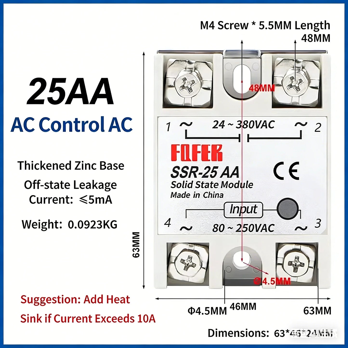 SSR-25AA 40AA 60AA AC Solid State Relay Single Phase AC-AC 80-250VAC Input 24-380VAC Output