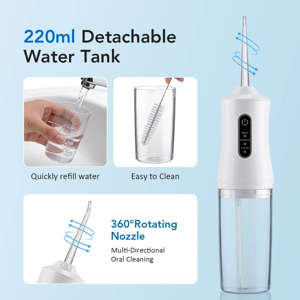 Inteligentny irygator doustny elektryczny 220 ml, nić wodna, 3 tryby, ładowalny, przenośny, irygator do zębów, do czyszczenia zębów