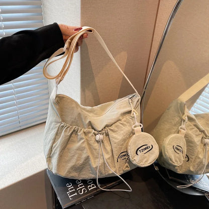 Chic Nylon Crossbody Bag Casual Drawstring Messenger Bag with Detachable Pouch, Adjustable Strap Shoulder Purse for Daily Travel