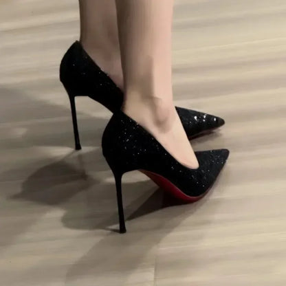 New Sequins Pointed-toe Women's High Heels Black Versatile Temperament Stiletto Singles Fashionable and Comfortable Shoes