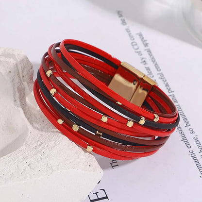 ALLYES Charm Triple Color Leather Bracelet for Women Bohemian Metal Beads Multilayer Thin Strip Wrap Bracelets Fashion Jewelry