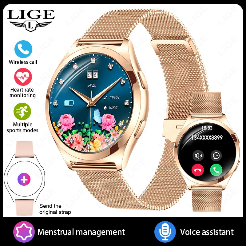 LIGE Luxury Smart Watch For Woman 1.27" Bluetooth Call Custom Dial Women's Bracelet Sports Health Monitor Smartwatch Ladies Gift