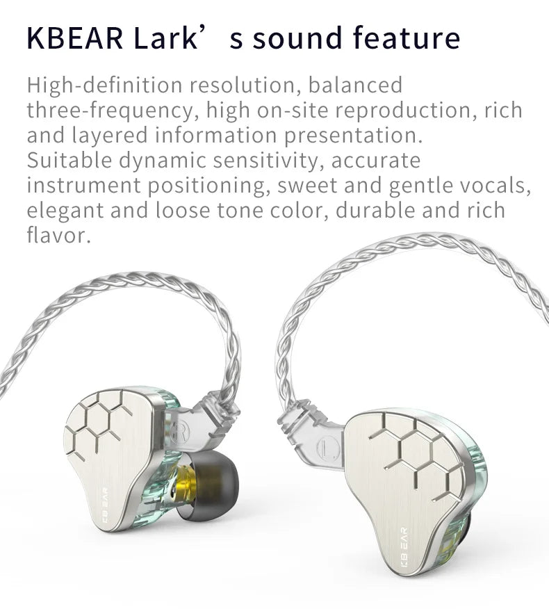 KBEAR Lark 1DD+1BA Hybrid IEM HiFi Earphones Zinc Alloy Shell 10mm Dynamic Driver Wired Headphones with Detachable 2Pin for Audiophile & Studio