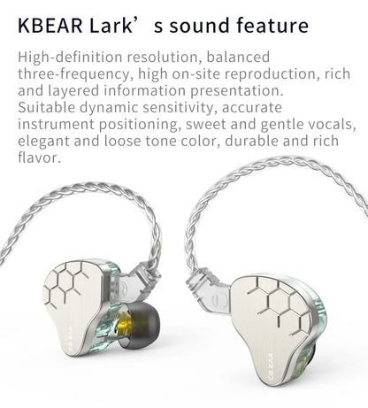 KBEAR Lark 1DD+1BA Hybrid IEM HiFi Earphones Zinc Alloy Shell 10mm Dynamic Driver Wired Headphones with Detachable 2Pin for Audiophile & Studio