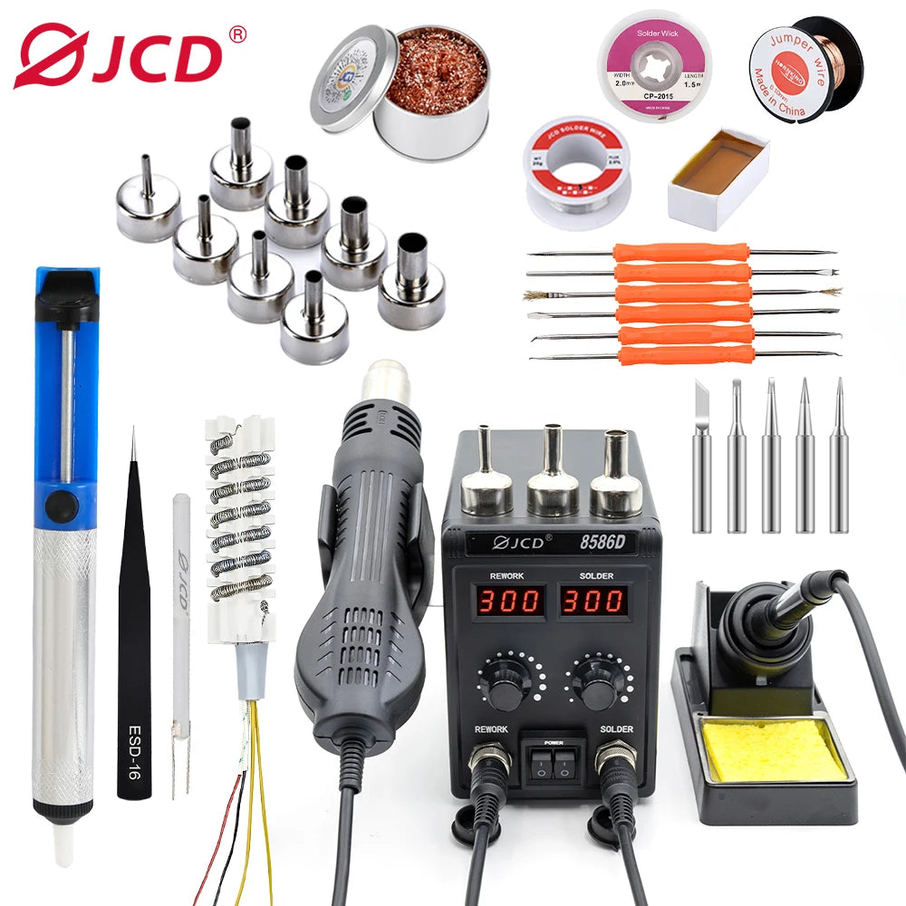 JCD 750W 8586D Soldering Station 2 IN 1 Hot Air Gun LCD Dual Digital Display Electric Soldering Iron SMD Welding Rework Station