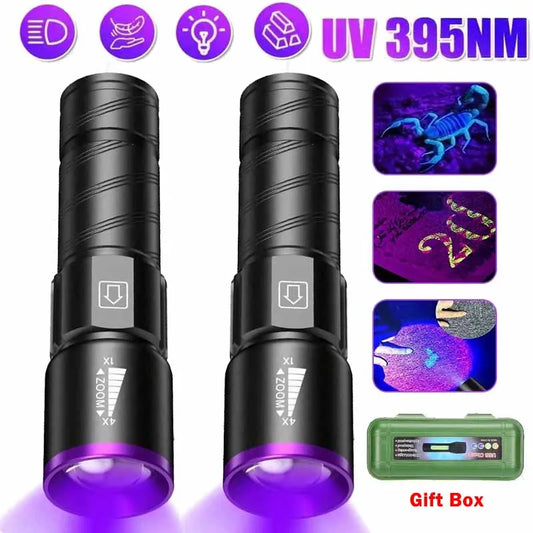 395nm LED UV Flashlight Type C Rechargeable Zoom Torch Light for Ink Dryer Money Fluorescer Detector UV Oil Curing Purple Light