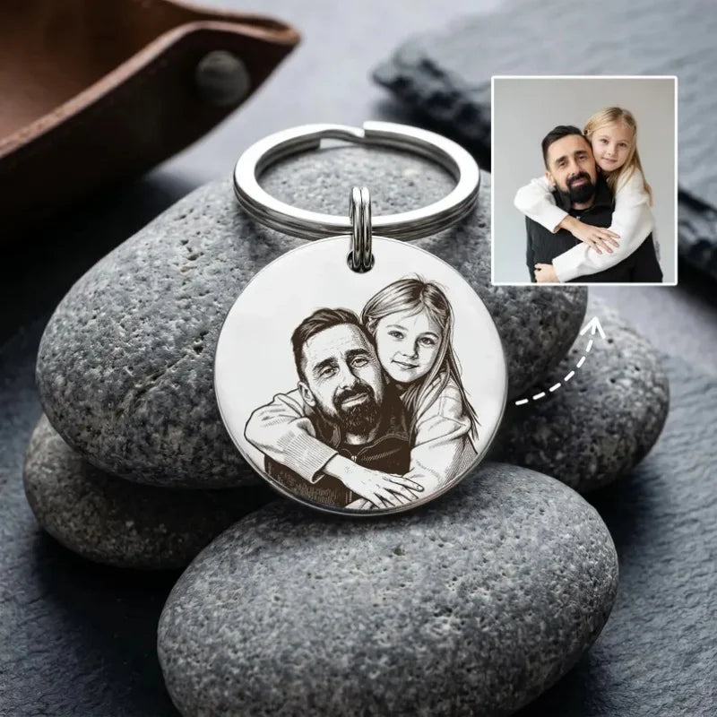 Custom Photo Engraved Keychain Personalized Family Portrait Round Stainless Steel Key Ring Custom Picture Key Gift For Dad
