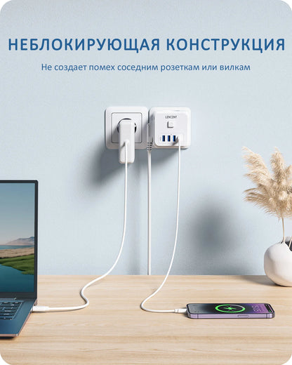 LENCENT EU Plug Power Strip with  3 AC Outlets +3 USB Charging Ports+ 1 Type C 5V 2.4A  Adapter 7-in-1 Plug Socket On/Off Switch