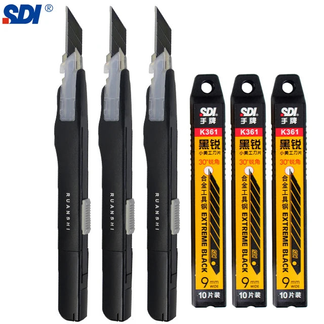 SDI 9mm Anti-Shaking Utility Knife 30-Degree Angle Sharp Black Steel Blades Box Cutter Auto Lock Professional Craft DIY Opener