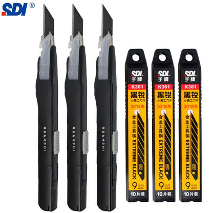 SDI 9mm Anti-Shaking Utility Knife 30-Degree Angle Sharp Black Steel Blades Box Cutter Auto Lock Professional Craft DIY Opener