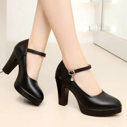 High Heels Platform Pumps Mujer 2026 Spring New Fashion Buckle Solid Black Shoes Woman PU Leather Waterproof Shoes Femme