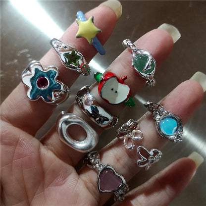 Korean Fashion Cute Heart apple Star Geometric Open Metal Ring For Women Y2K Gothic Creative Charm Grunge Jewelry Accessories