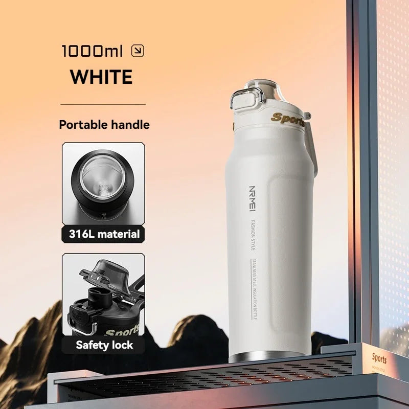 1L Stainless Steel Thermos Bottle, Iced & Heat Insulated Cup, Hiking Cycling Fitness Vacuum Flask with Handle