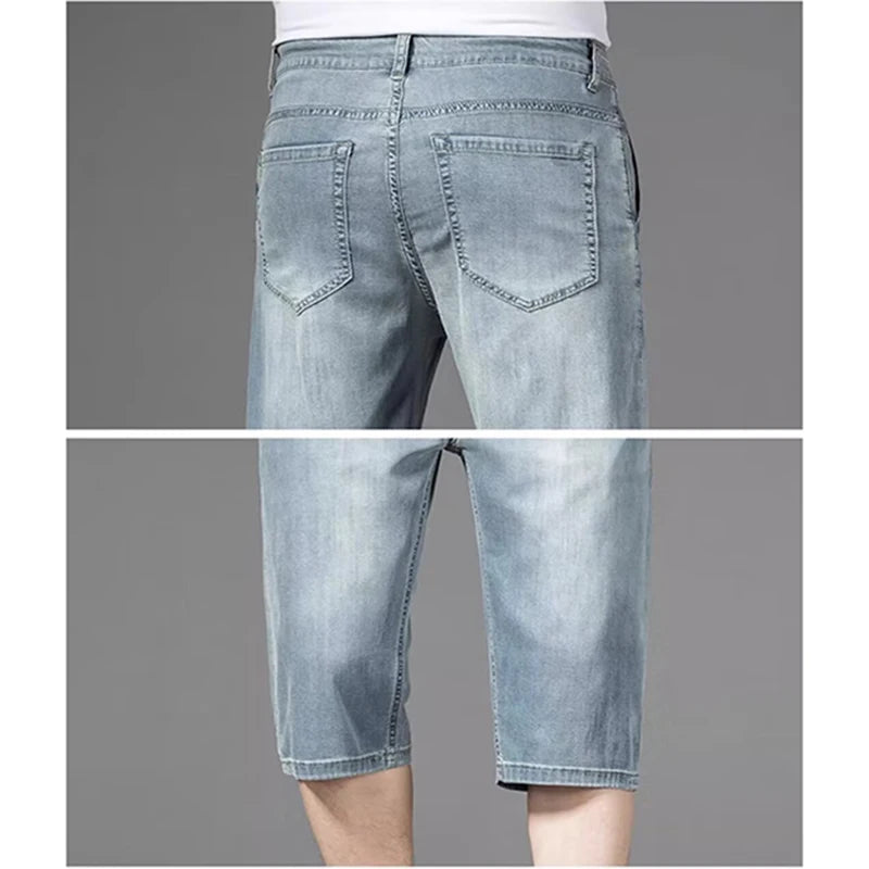 Summer Men High Quality Lightweight Capri Pants Male New Loose Straight Leg Denim Pants Daily Comfortable Versatile Jeans