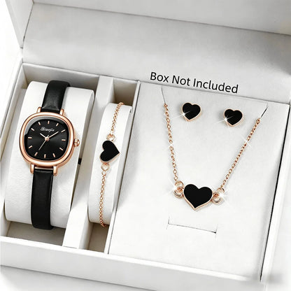 5PCS Elegant Women Watch Jewelry Set Fashion Leather Strap Quartz Wristwatch Heart Necklace Earrings Bracelet Gift (Without Box)