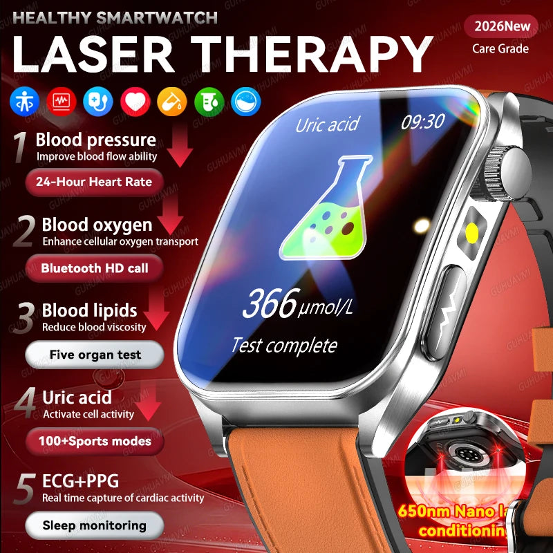 GUHUAVMI New Laser Therapy ECG+PPG Smart Watch Health Monitor Blood Lipids Uric Acid Heart Rate Tracking Monitoring Smartwatches