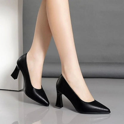 Women's Pumps, Lightweight Breathable Soft Leather Pointed Toe Heels, Square Block Heel Formal Shoes for Office & Business