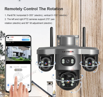 LS VISION 4G / WiFi Solar Camera 3Lenses Outdoor 15MP 4K Low Power Battery IP Camera PIR Night Vision V380 Pro CCTV Security