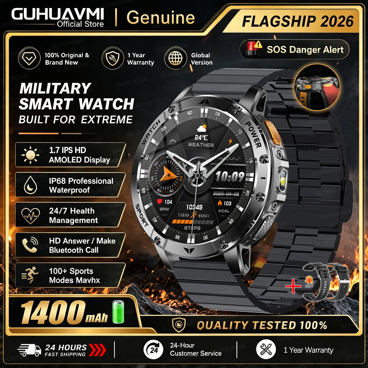 1400mAh Large Battery Military Smart Watch Men 1.7"HD Bluetooth Call 10ATM Waterproof LED Flash SOS Health Monitor Sport Watches