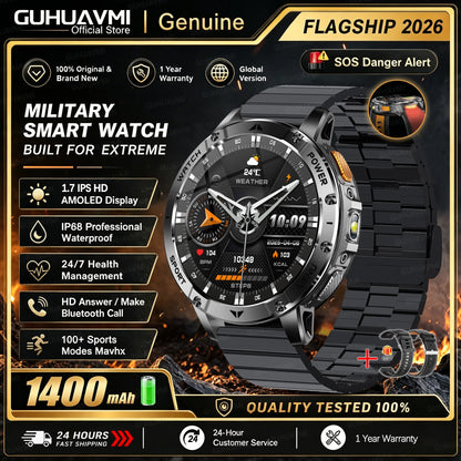 1400mAh Large Battery Military Smart Watch Men 1.7"HD Bluetooth Call 10ATM Waterproof LED Flash SOS Health Monitor Sport Watches