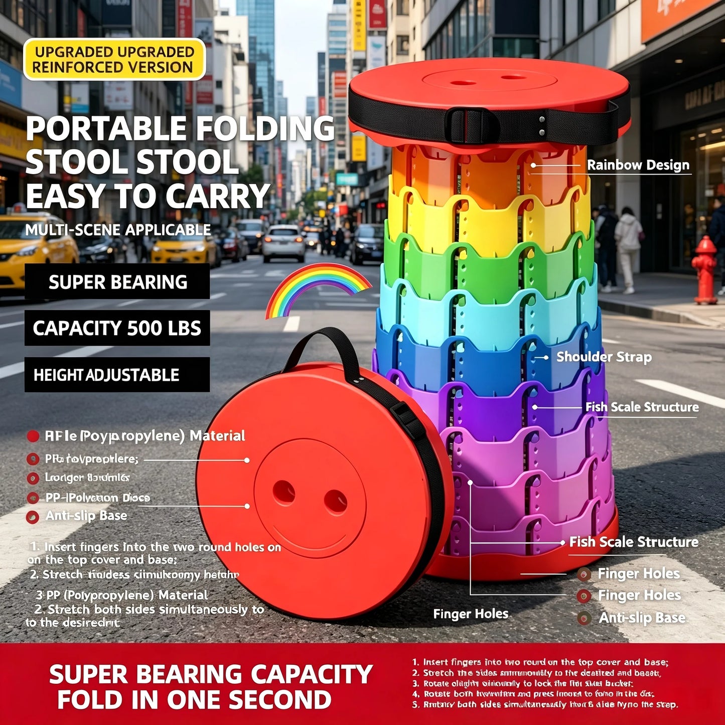 Adjustable Rainbow Telescopic Folding Stool Portable Plastic Retractable Seat Lightweight Outdoor Travel Camping Fishing Stool M