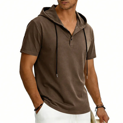 Summer Men's Short Sleeve Hooded T-Shirt Henry Neckline Drawstring Design Casual Loose Breathable Sporty Vest