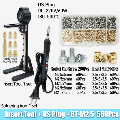 Heat Set Insert Nut Press Tool Brass Soldering Iron Tip Thread Injection Embedded Nuts and Stainless Steel Hex Socket Screw Kit