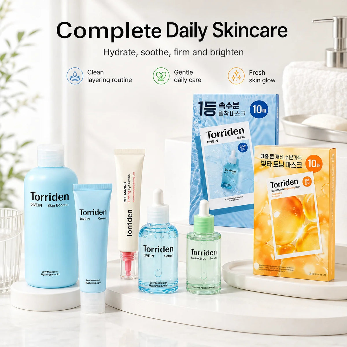 Torriden Hyaluronic Acid Full Skincare Kit Cleanser Sunscreen Serum Toner Moisturizer Mask Lip Balm Eyes Cream Korean Skin Care