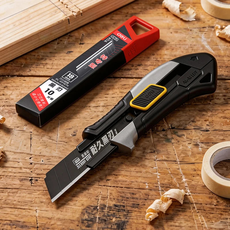 Pro Aluminum Cutter 18mm SK2 Black Blade Thick 0.6mm Rubber Grip Sharp Box Knife + 10pcs Blades Set Heavy Duty DIY Tool