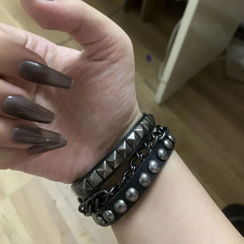 Punk Dark PU Bracelet For Women Men Hip Hop Rock Chain Multi Layered Bracelet Trend Retro Gothic Jewelry Dancer Accessories