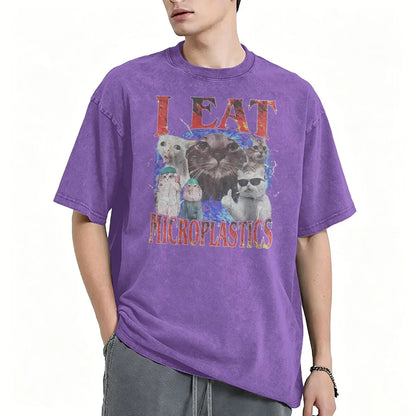 I Eat Microplastics Meme Cats Retro T Shirt 100% Cotton Vintage Washed T-shirt For Men Women