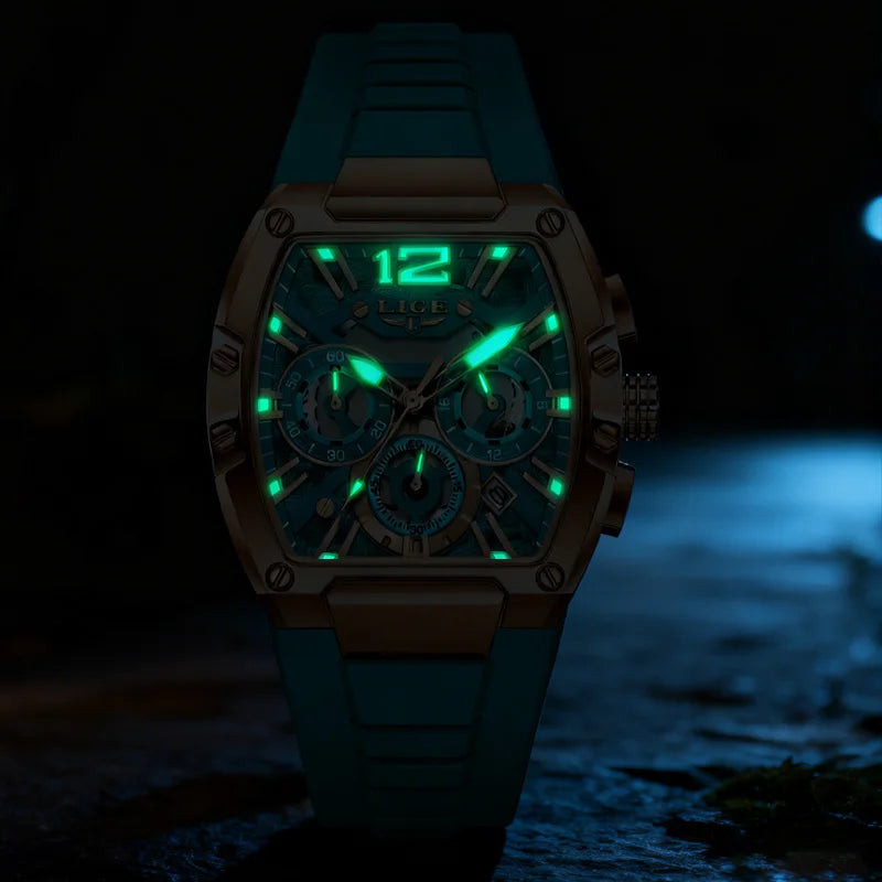 LIGE Sports Man Watch Tonnea Hollow Design Quartz Men Wristwatches Chronograph Waterproof Luminous Silicone Strap Watches Male