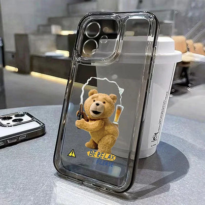 Funny Cartoon Bear Phone Case for iPhone 17 16 15 14 13 12 11 Pro Max Mini SE 7 8 Plus Luxury Shockproof Transparent Soft Cover