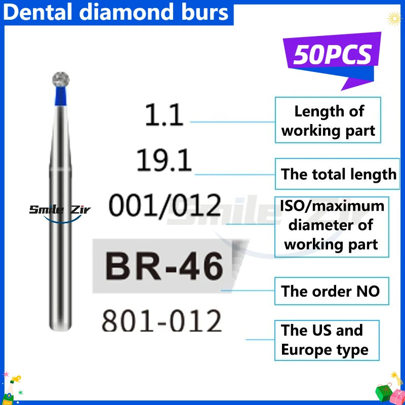 50Pcs Dental Dentist Diamond Burs Drill FG 1.6mm Bur for High Speed Handpiece FG Dental Bur Stomatology Dentistry Grinding Tools