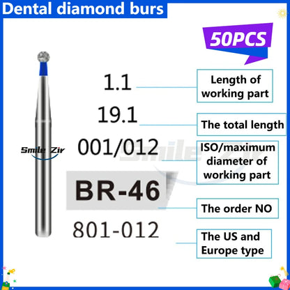 50Pcs Dental Dentist Diamond Burs Drill FG 1.6mm Bur for High Speed Handpiece FG Dental Bur Stomatology Dentistry Grinding Tools