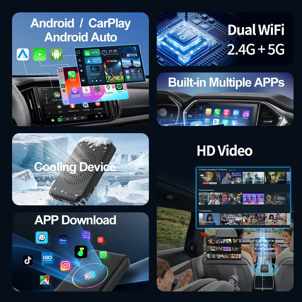 Android 14 4+64G Wireless CarPlay Ai Box Kowankit Smart HDMI Plug & Play 5 in 1 Android Auto Car Tv Box For YouTube Netflix 2026
