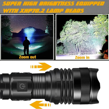 Aluminum Alloy White Laser Powerful LEP Flashlight 18650 or 21700 Battery Zoom Torch Light Lamp with Tail Rope Power Indicator