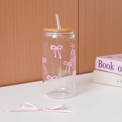1/2/4/6Pcs Glass Cups with Bowknot Print, with Lid and Straw, Exquisite and High-End Bowknot Glass Cups, Suitable for Home Decoration, Daily Household Drinking Cups, Outdoor Picnic Cups, Party Cups, Breakfast Milk Cups, Gift-