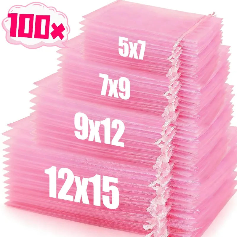 100/10pcs Multi-size Organza Bags Transparent Mesh Jewelry Candy Pouches Wedding Party Baby Shower Gift Drawstring Packaging Bag
