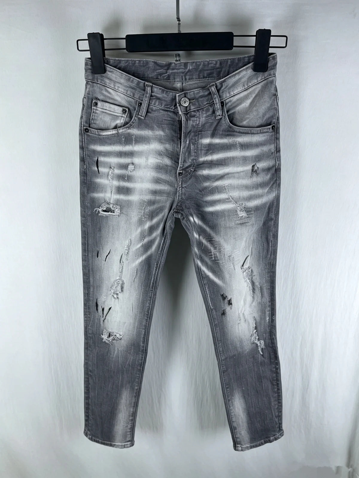 6060 Four Seasons New Men's Washed Ripped Patch Old Slim-fit Straight Black Jeans for Men