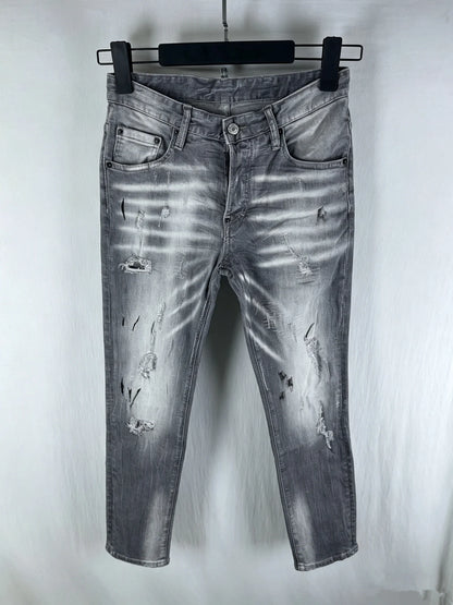 6060 Four Seasons New Men's Washed Ripped Patch Old Slim-fit Straight Black Jeans for Men