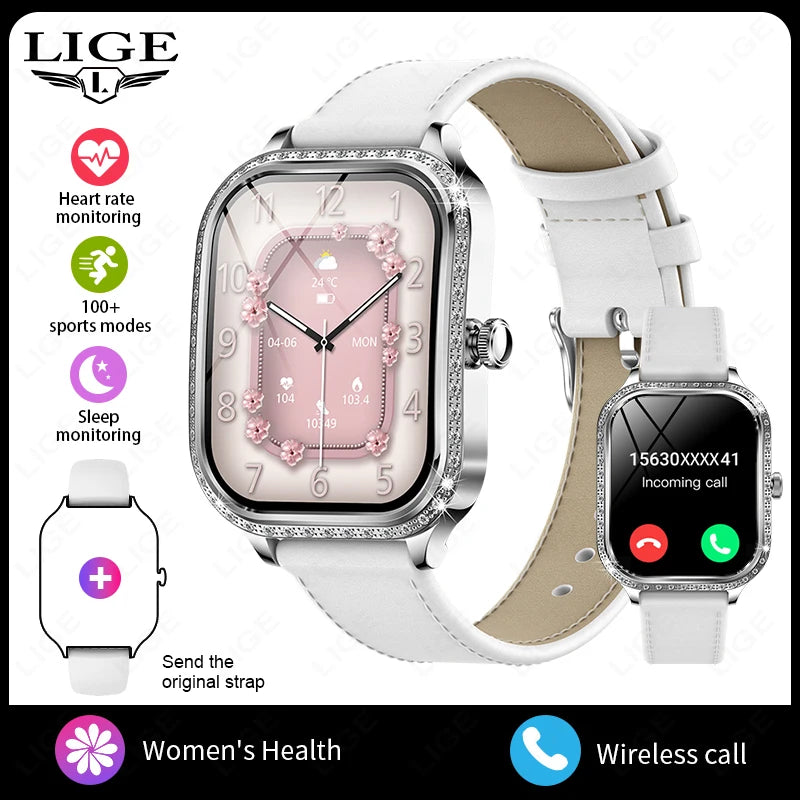 LIGE Fashion Design Women Smart Watch 1.75" Curved Screen Smartwatch Bluetooth Call Clock IP68 Waterproof Diamond Case Bracelet