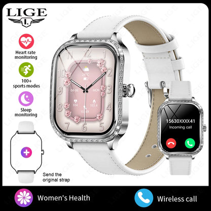 LIGE Fashion Design Women Smart Watch 1.75" Curved Screen Smartwatch Bluetooth Call Clock IP68 Waterproof Diamond Case Bracelet
