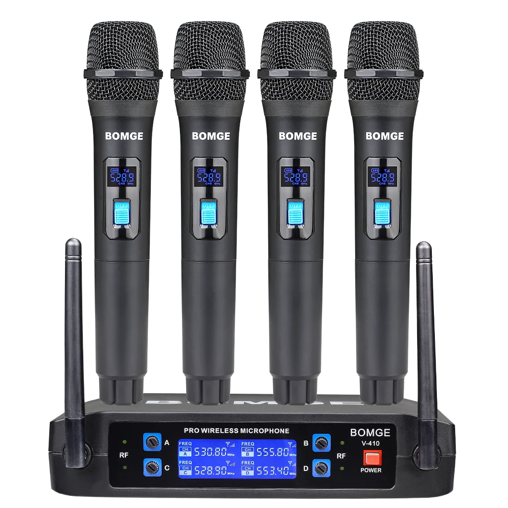 BOMGE 4 channel wireless microphone System Cordless Mic Set With Four Handheld Mics Fixed Frequency, Long Range 200ft